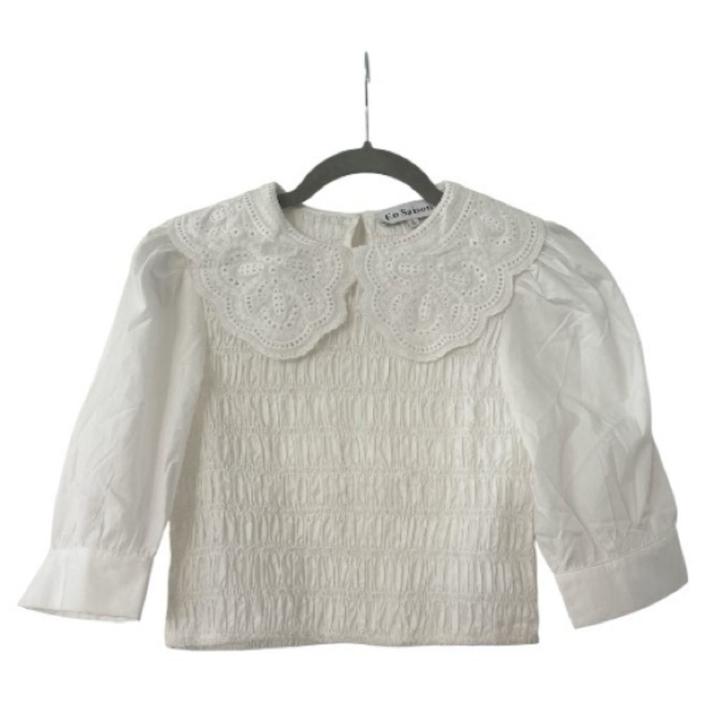 En Saison Peter Pan Collar Smocked Cotton Jacquard Crop Top in White Size Small